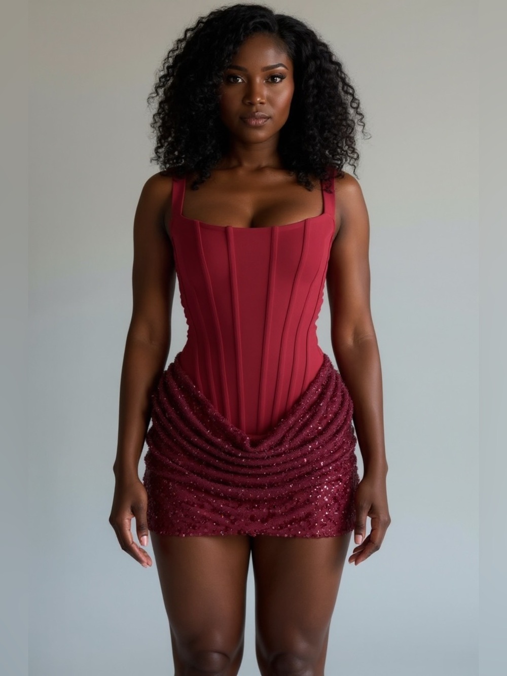 Corseted Burgundy Mini Dress with Draped Sequin Skirt